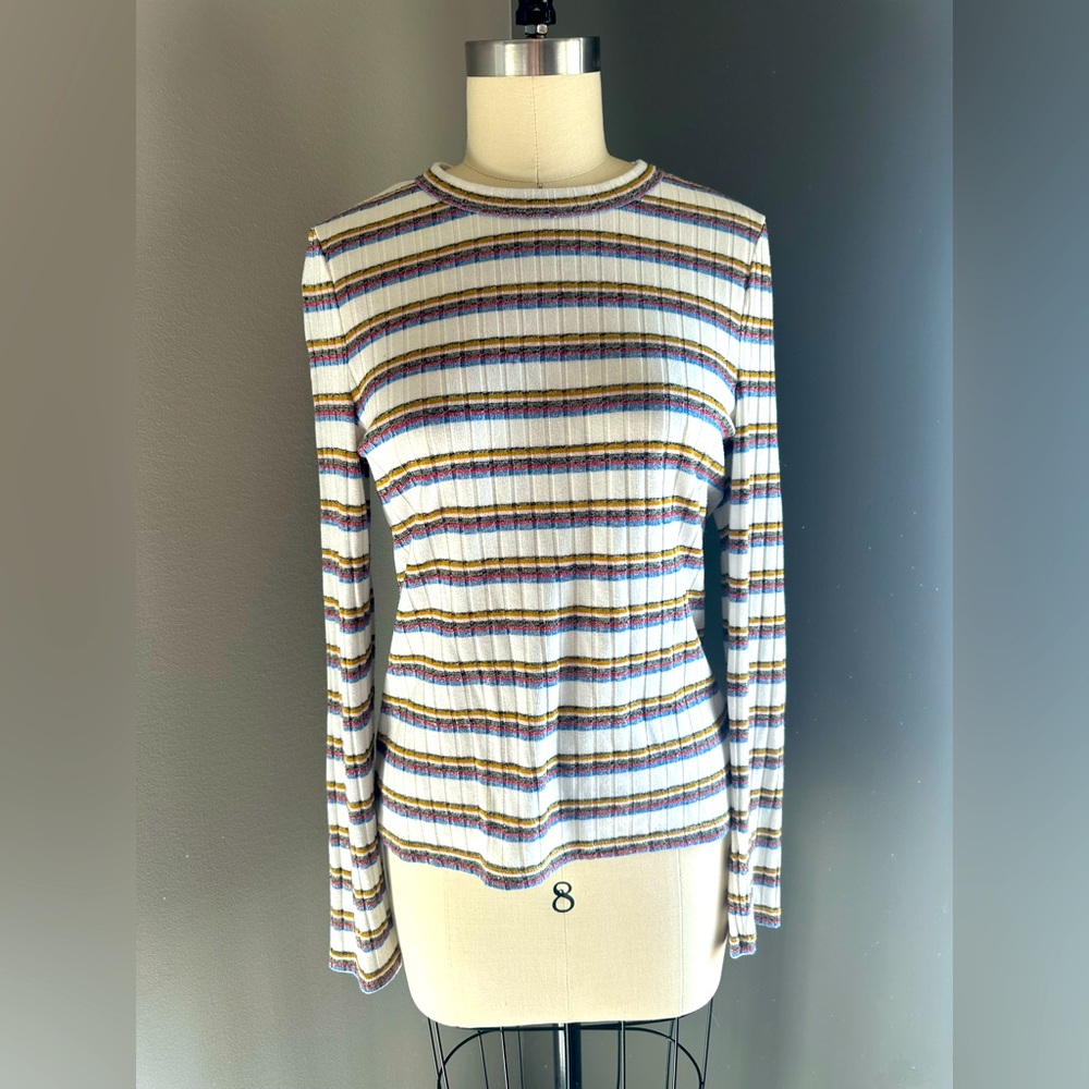 Veronica Beard Long Sleeve Ribbed Tee, Stripes, Medium.